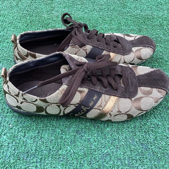 AUTHENTIC COACH JAYME SNEAKERS BROWN & GOLD SIGNATURE SHOE SUEDE & CANVAS 6.5 - Picture 2 of 13
